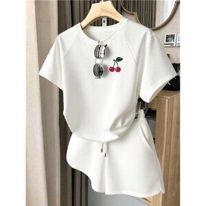 INAWLY Women's Casual Cherry Print T-Shirt And Shorts 2 Pieces Set, Summer